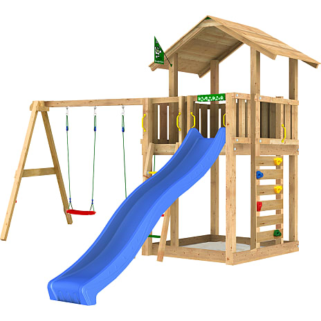 Jungle Gym Chalet 2.1 legetårn komplet med gyngemodul og rutsjebane