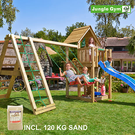 Jungle Gym Cubby med klatring, sand og blå slide