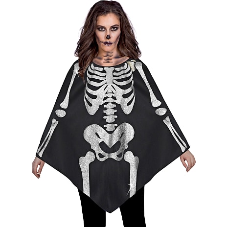 Halloween Skelet Poncho med Hvidt Print Sort str. 180