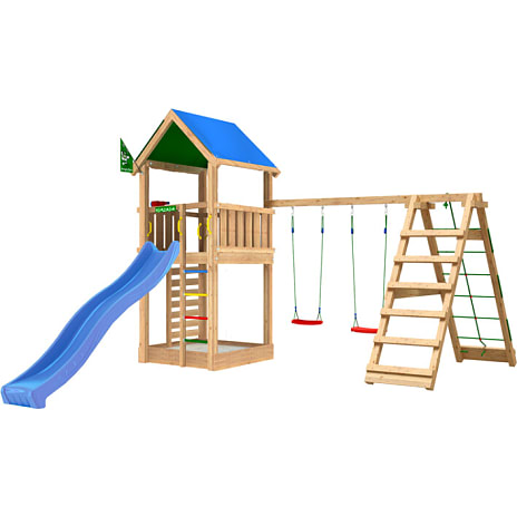 Jungle Gym Lodge 2.1 legetårn inkl. Climb Module og blå rutsjebane 1 stk.