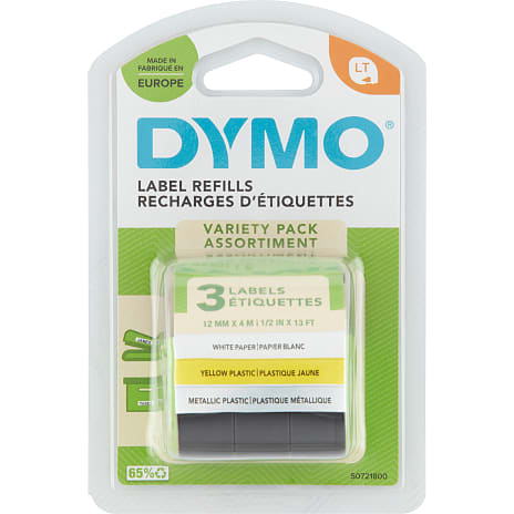DYMO LetraTag Tape 12 mm Paper White, Plastic Yellow & Metallic Silver 3-pak