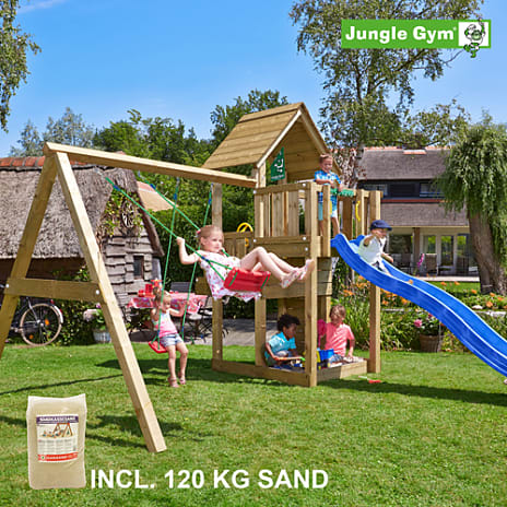 Jungle Gym Cubby med swing, sand og blå slide