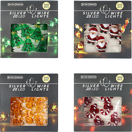 Batterilyskæde Sølvwire Med Figurer 20 LED Assorteret