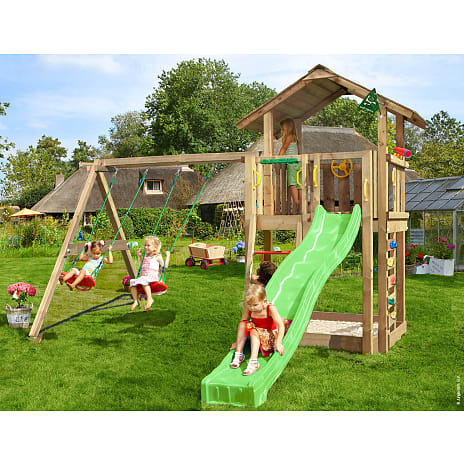 Jungle Gym Chalet 2.1 med gyngemodul og grøn rutsjebane