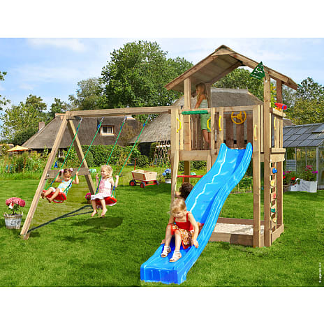 Jungle Gym Chalet 2.1 legetårn komplet med gyngemodul og blå rutsjebane