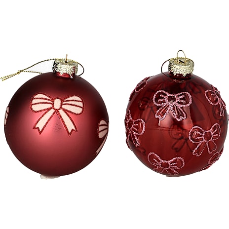 Julefryd Juleglaskugle 8 cm Bordeaux Med Glittersløjfer Assorteret