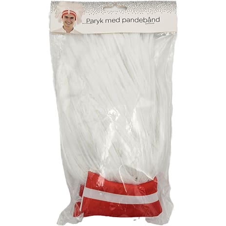 Hvid paryk med pandebånd rød og hvid