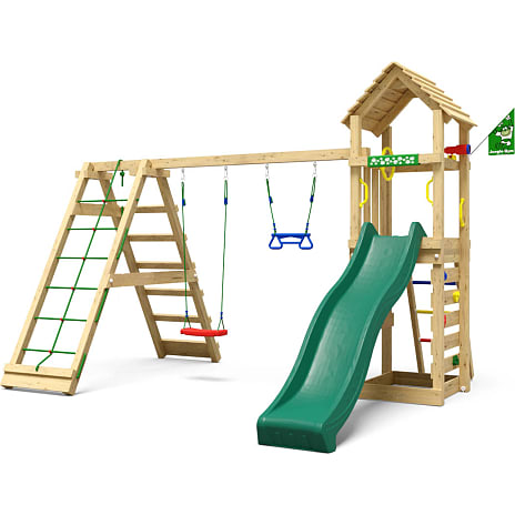 Jungle Gym Cocoon legetårn komplet med klatremodul og grøn rutsjebane