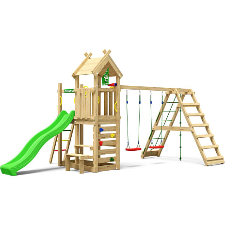 Jungle Gym Teepee legetårn komplet med klatremodul og grøn rutsjebane