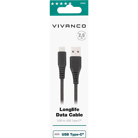Vivanco Longlife USB-C/-A 2.0 kabel 2,5 m - sort 1 stk.
