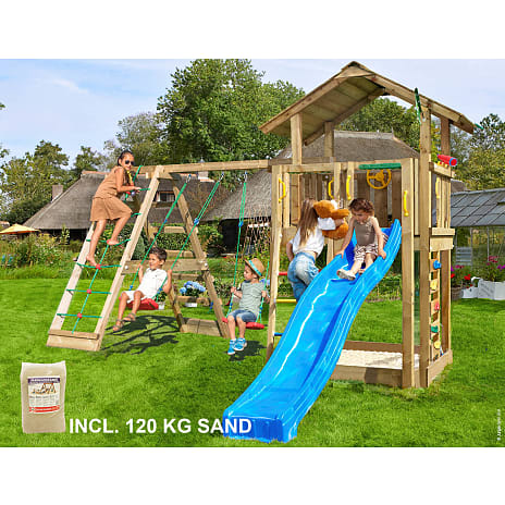Jungle Gym Chalet 2.1 med klatremodul og blå rutsjebane
