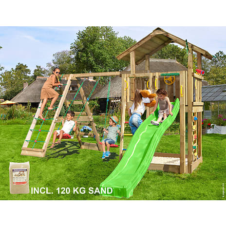 Jungle Gym Chalet 2.1 Legetårn med klatremodul og grøn rutsjebane