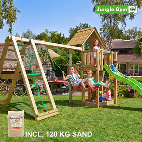 Jungle Gym Cubby med klatring, sand og grøn slide
