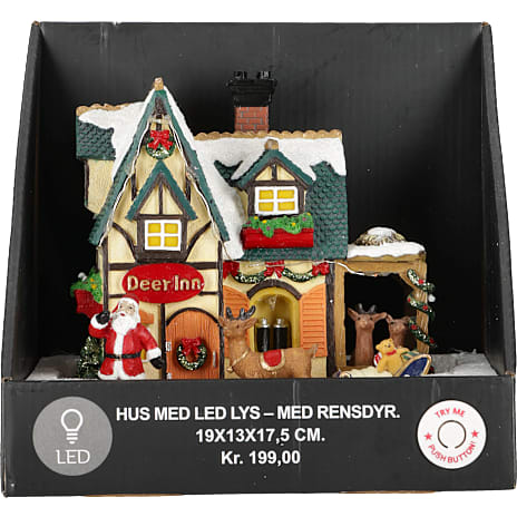 Tilbehør til nisselandskab, hus med rensdyr og LED-lys