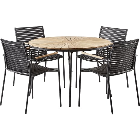 Kerteminde Teak Bord Ø110 cm Antracit Stel Med 4 Mood Stole