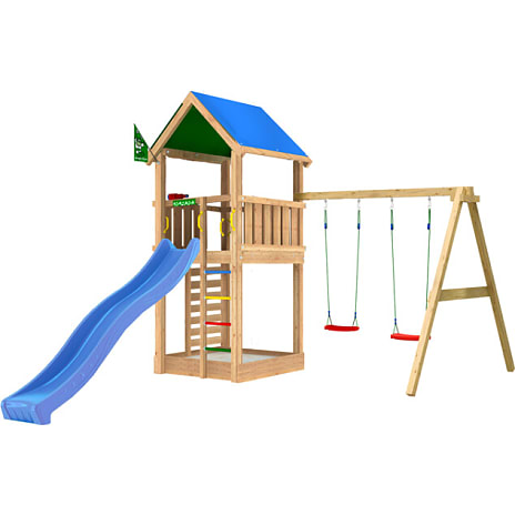 Jungle Gym Lodge 2.1 legetårn inkl. Swing Module og blå rutsjebane 1 stk.