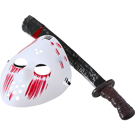 Halloweensæt Med Maske og Kniv Længde 50 cm Højde 24 cm Multifarvet