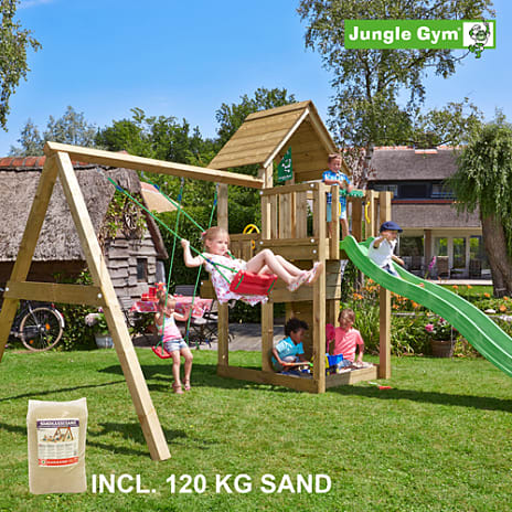 Jungle Gym Cubby legetårn med swing, sand og grøn slide