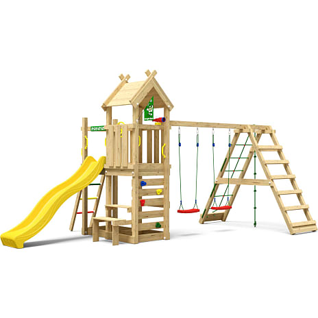 Jungle Gym Teepee Legetårn med klatremodul og gul rutsjebane
