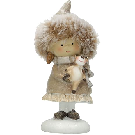 Julefryd julefigur vinterbørn med pelshue H 13 cm - flere varianter - assorteret 1 stk.