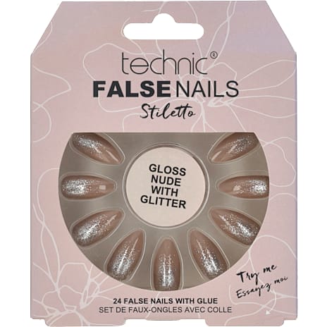 Technic Kunstige negle Gloss Nude With Glitter 24 stk.
