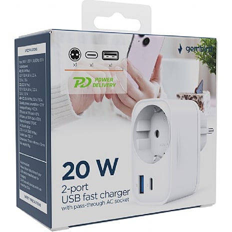 Gembird stikdåseadapter med USB-A og USB-C 20 W - hvid 1 stk.