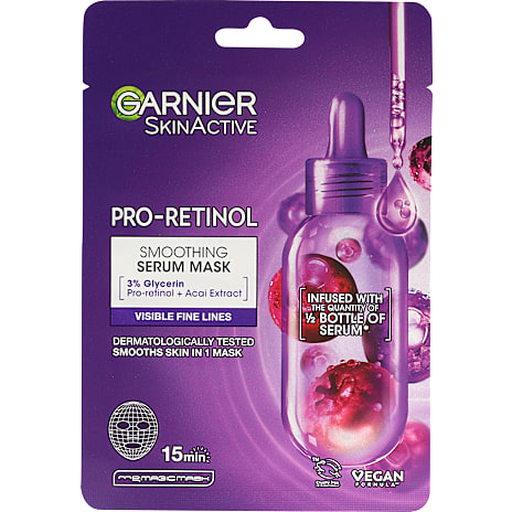 Garnier Smoothing Serum ansigtsmaske m. retinol, glycerin og acaiekstrakt 22 g