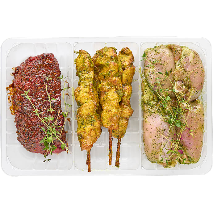 Grillbakke m. kyllingelår, kyllingespyd og okse topside steak