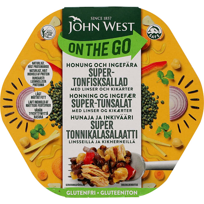 Tun i honning- og ingefærdressing m. linser og kikærter