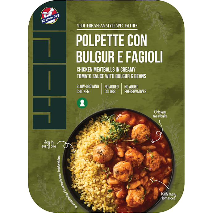 Kyllingekødboller i cremet tomatsauce m. bulgur og bønner