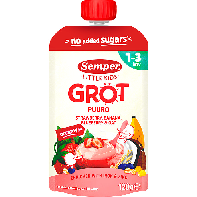 Grødsmoothie m. havre, jordbær, banan og blåbær 1-3 år