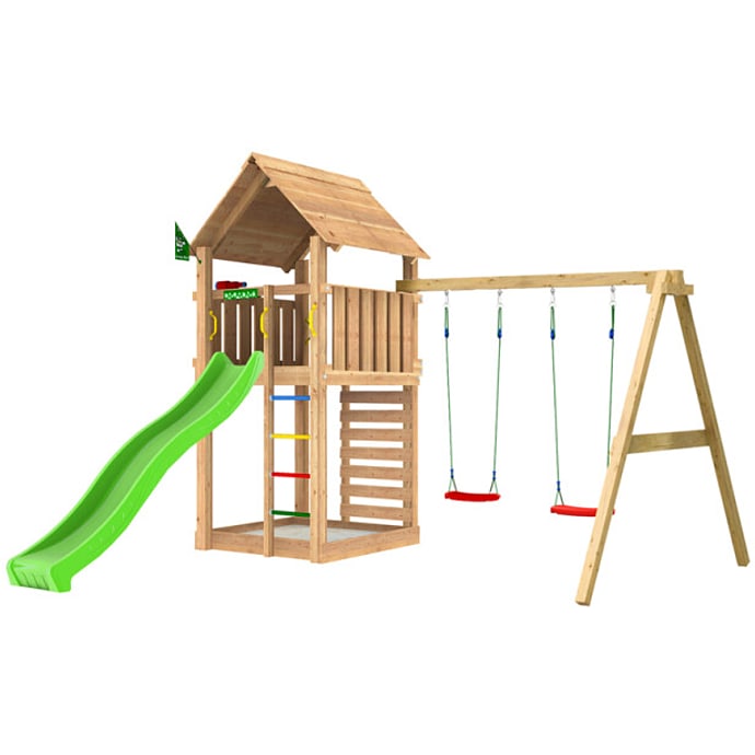 Jungle Gym Cabin 2.1 legetårn inkl. gyngemodul, rutsjebane og 120 kg sand