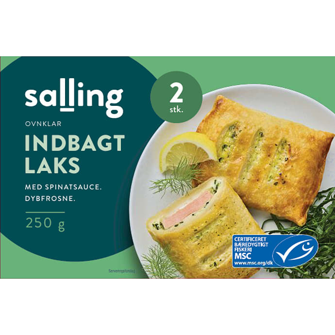 Salling indbagt laks med spinatsauce