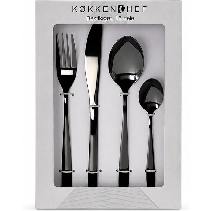 Køkkenchef bestiksæt 16 dele - blank sort