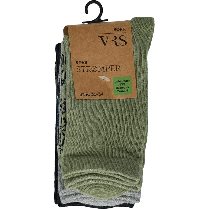 VRS børne 5-pak strømper str. 31/34 - sort/grøn/grå