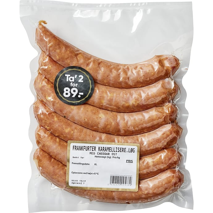 Frankfurter m. karamelliseret løg og ost