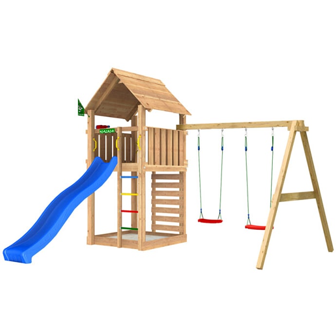 Jungle Gym Cabin 2.1 legetårn inkl. gyngemodul, rutsjebane og 120 kg sand