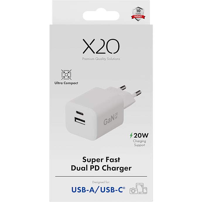 X2O 20W dobbelt hjemmelader USB-C/A GaN - Hvid