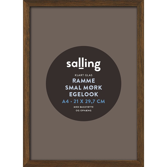 Ramme i mørk egetræslook m. glas - 21x29,7 cm