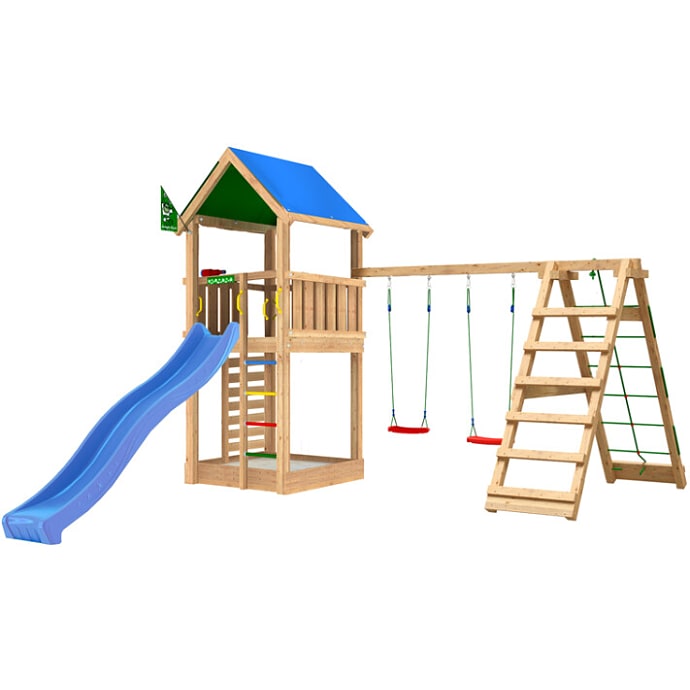 Jungle Gym Lodge 2.1 legetårn inkl. Climb Module og blå rutsjebane