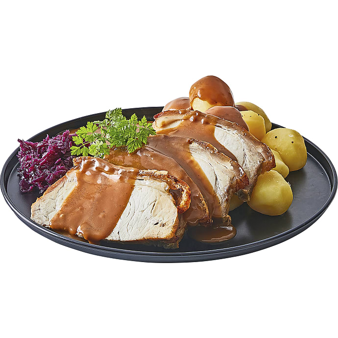 Deli Flæskesteg med kartofler, brun sovs og rødkål