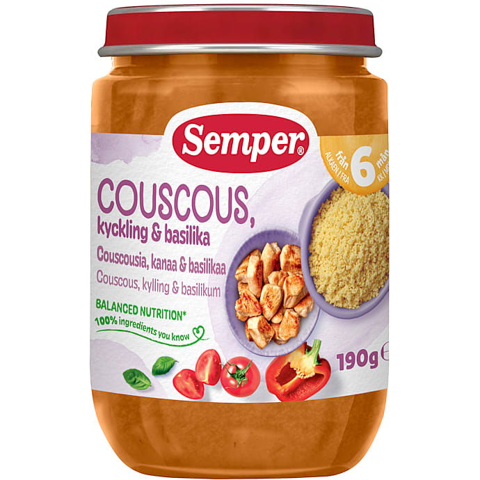 Mos m. couscous, kylling og basilikum fra 6 mdr.