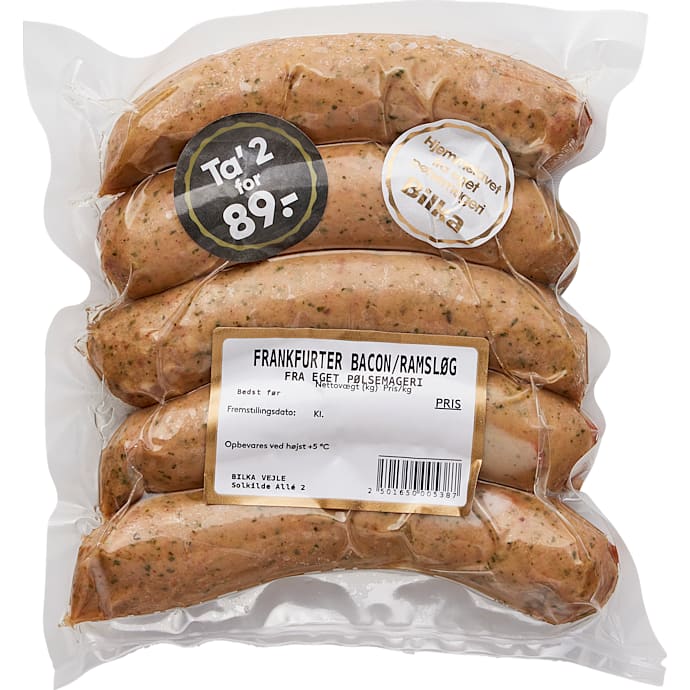 Eget pølsemageri Frankfurter m. bacon og ramsløg