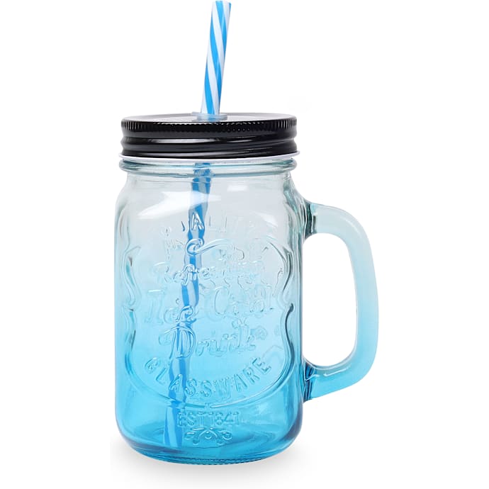 Drikkeglas med låg og sugerør blå
