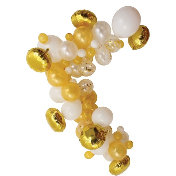 Salling ballonbue med 72 balloner - hvid/guldfarvet/konfetti