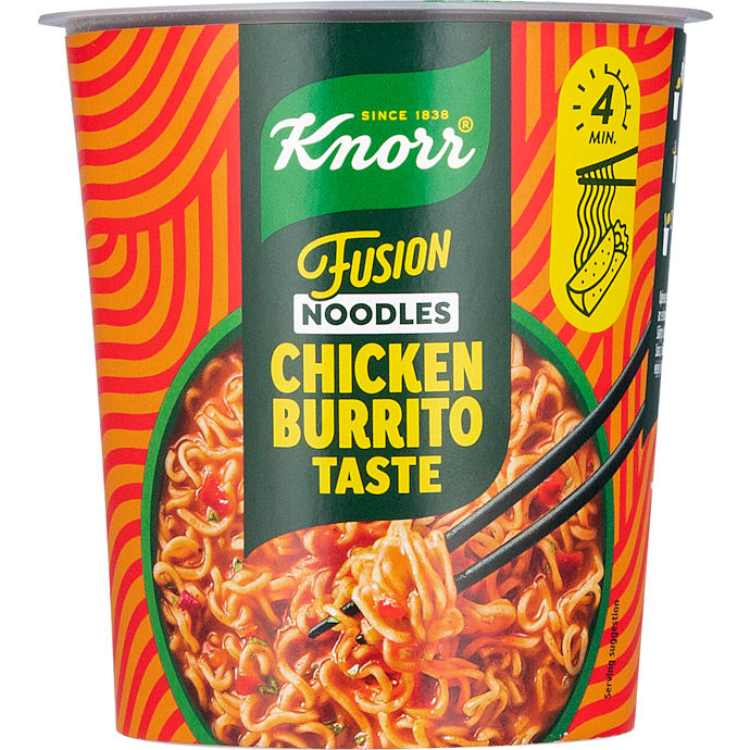 Instantnudler m. kyllingburrito-smag og tomatsauce