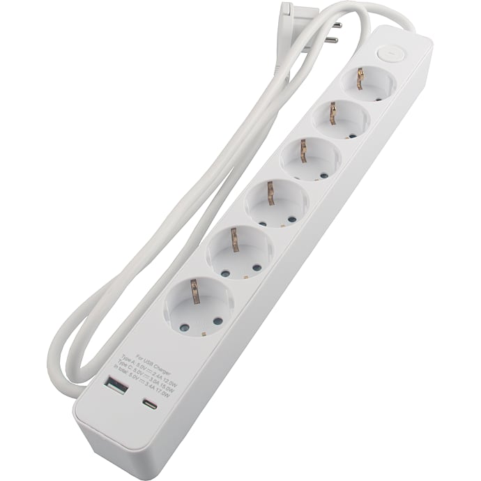 Elworks Schuko Stikdåse 6 Udtag USB A+C Hvid