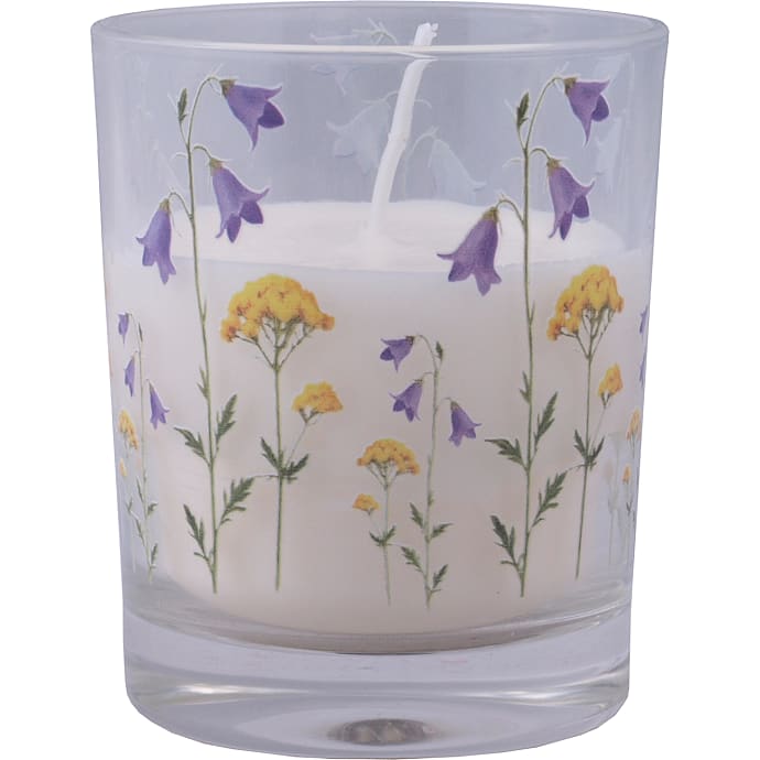 Lys i glas 7x8,6 cm hvid m. blomstermotiv