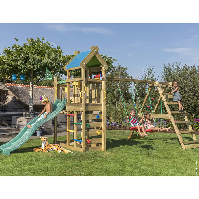 Jungle Gym Nomad med klatrestativ og grøn rutsjebane