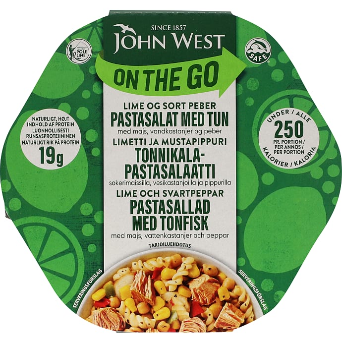 Tun i lime-peberdressing  m. vandkastanier, majs og pasta